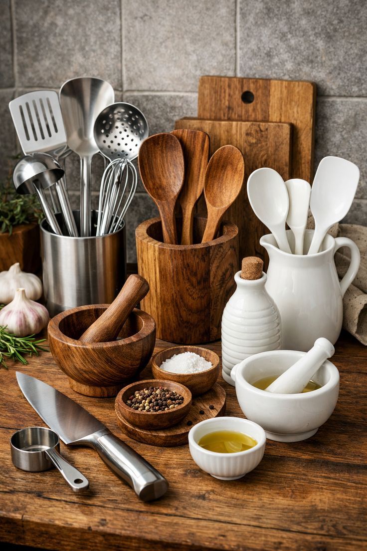 Kitchen utensils, wooden spoons and ceramic kitchenware
